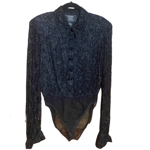RARE Carmen Marc Valvo Beaded Lace Snap Button Bodysuit Shirt EUC Sz 12 - Picture 1 of 11